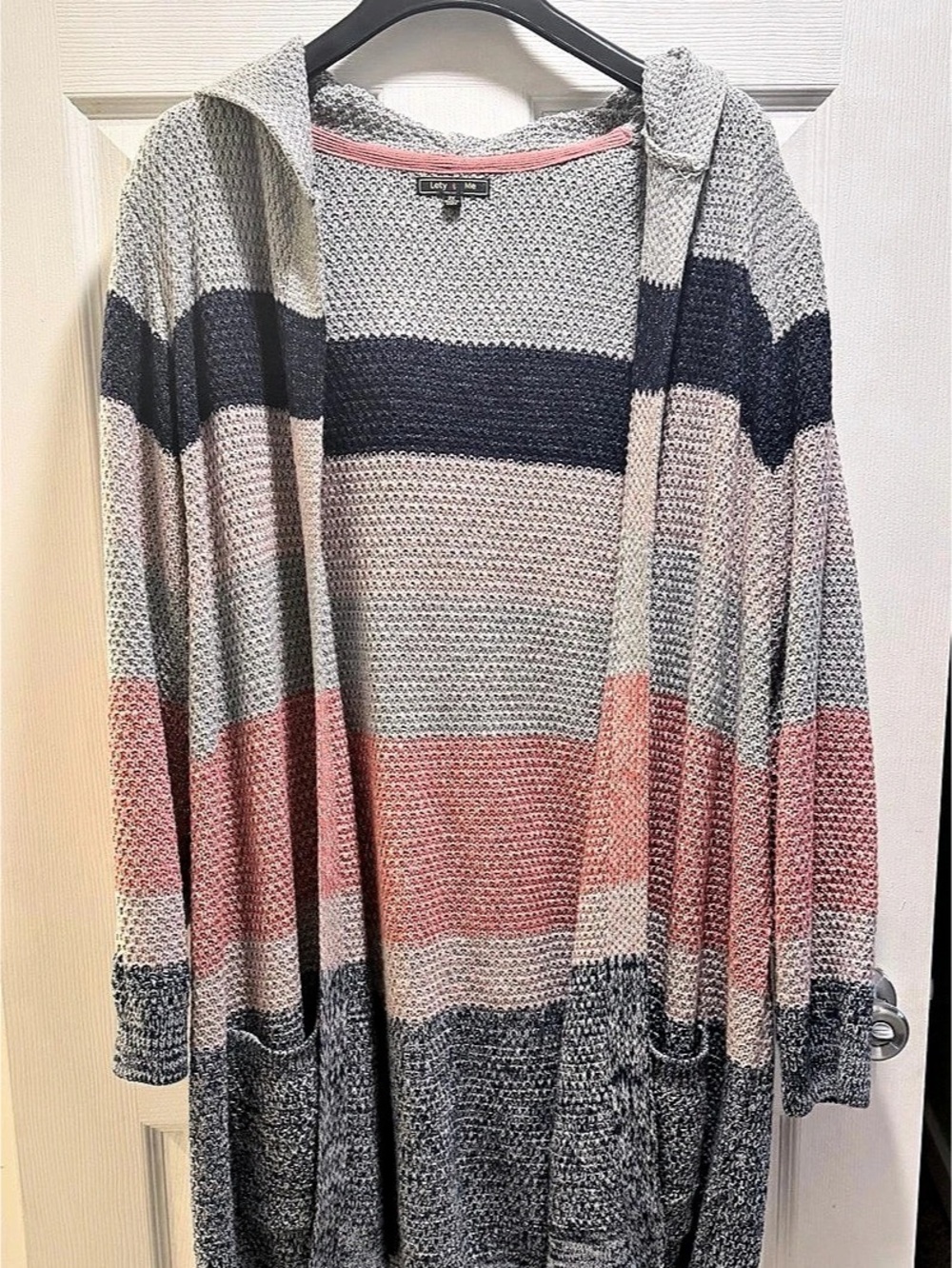 Lety & Me Striped Hooded Cardigan in Gray, Navy & Pink 2X Like New